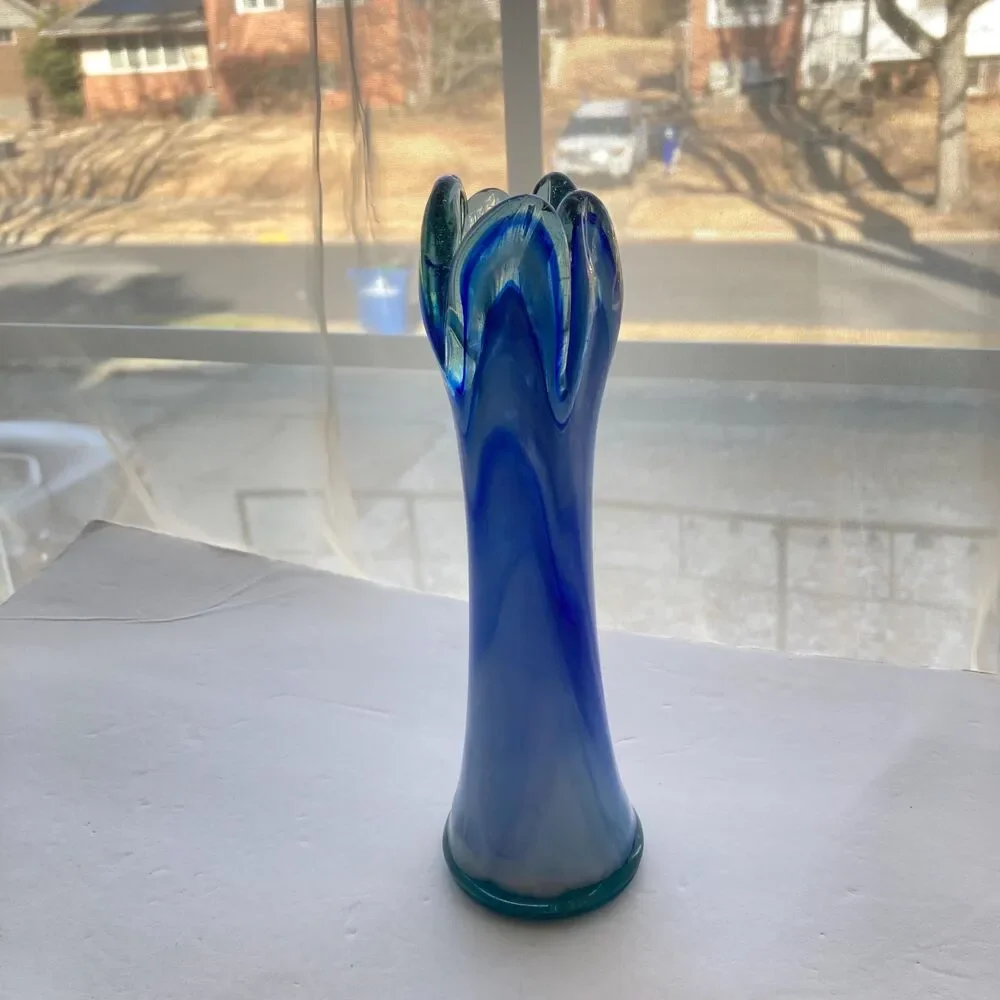 Vintage 5 Finger Blue White Swirl Swung Vase Art Glass Bud Vase Glass 8 inches
